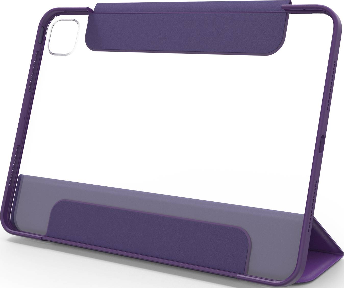 Fioletowe etui na tablet wykonane z przezroczystego materiału, podparte pod odpowiednim kątem, zapewnia ochronę i wygodne oglądanie.