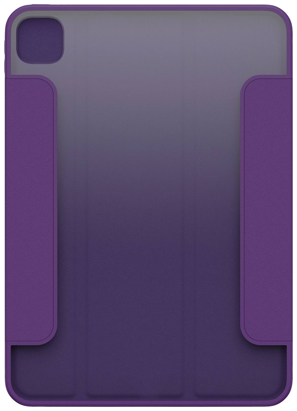Fioletowe etui na tablet z zaokrąglonymi rogami i dwoma klapkami po bokach. Obudowa zapewnia ochronę i charakteryzuje się minimalistycznym designem.