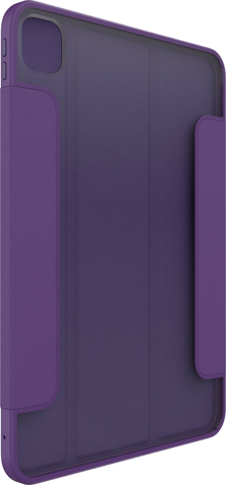 Etui na tablet Lila, stojące pionowo, przedstawia wycięcie na aparat w lewym górnym rogu. Prosty design z ochronnymi klapkami.