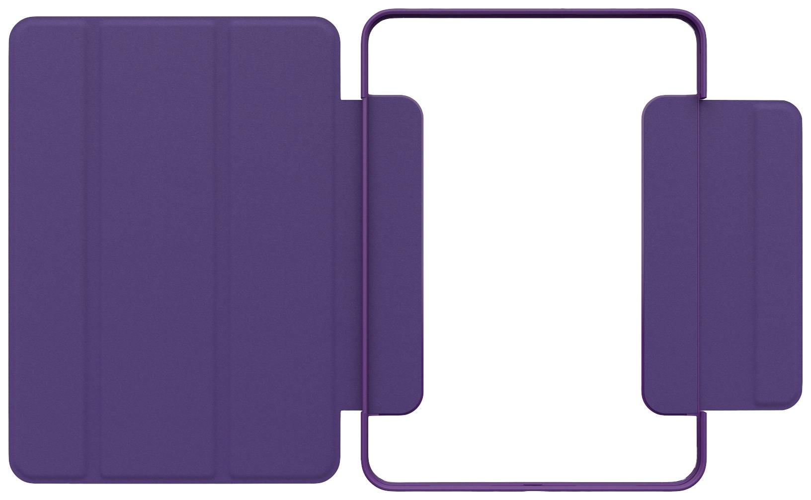 Etui Lila do tabletu, rozłożone i puste, ukazuje prostokątne, składane obszary po lewej i prawej stronie.
