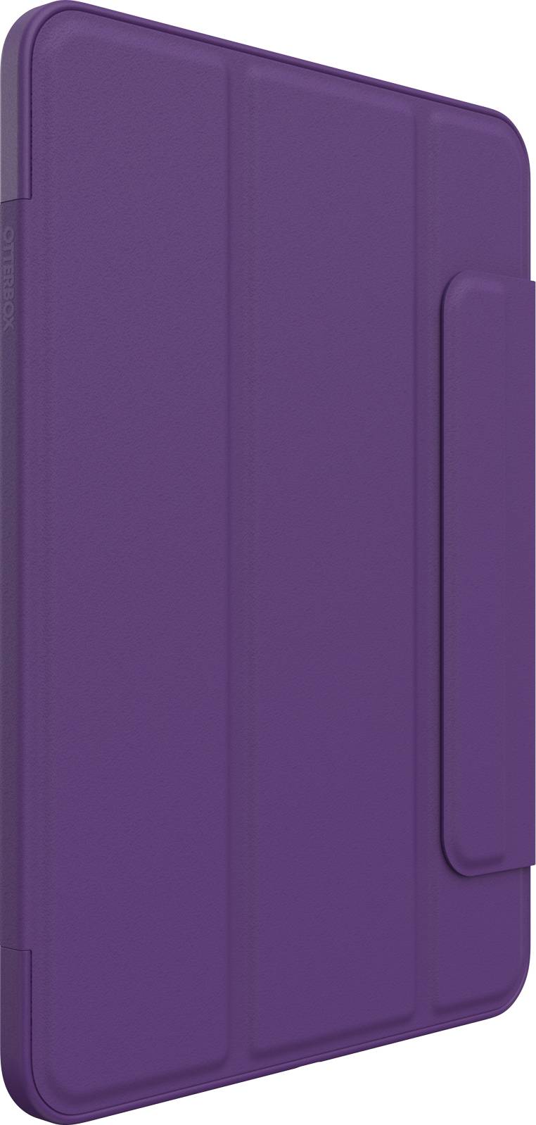 Fioletowe etui ochronne na tablet, zamknięte i sfotografowane od tyłu.