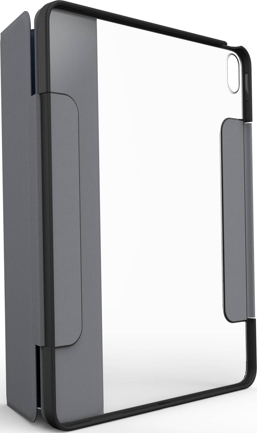 Ochronne etui na tablet z przezroczystą tylną częścią i składanymi, szarymi krawędziami. Zaprojektowane z myślą o solidnej i stylowej ochronie.