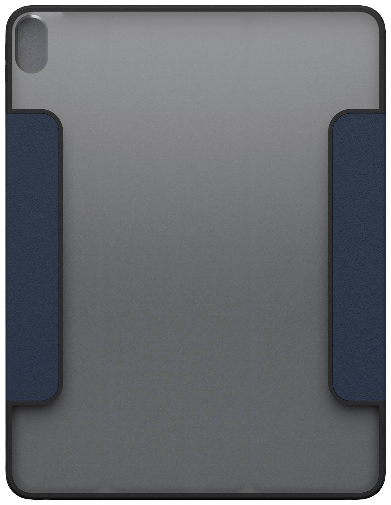 Etui na tablet w kolorze szarym z ciemnoniebieskimi klapkami po bokach, prezentujące pełny widok od tyłu. Projekt prosty i nowoczesny.