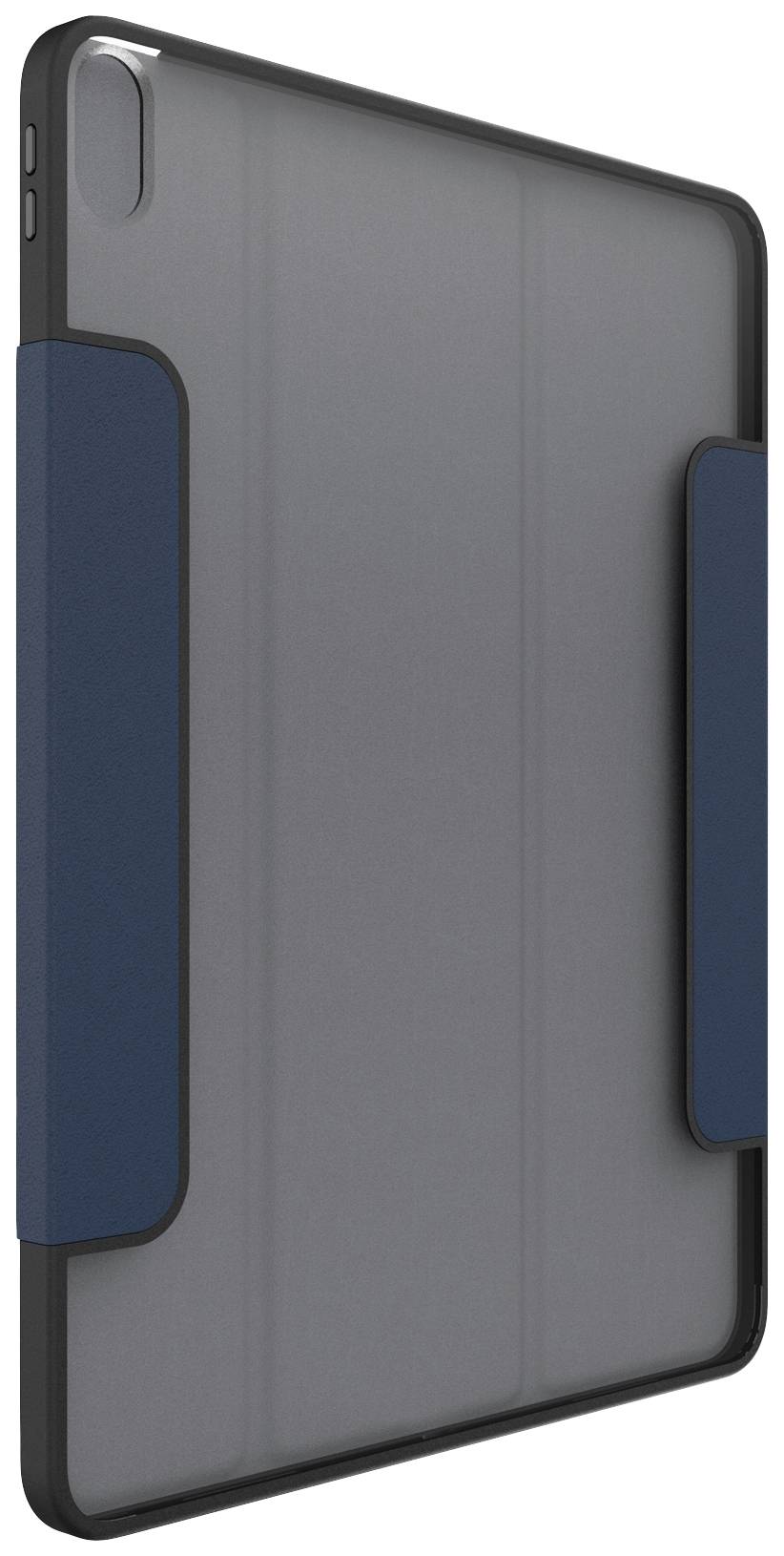 Szaro-niebieskie etui na tablet, stojące pionowo, z czarną ramką.