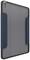Szaro-niebieskie etui na tablet, stojące pionowo, z czarną ramką.