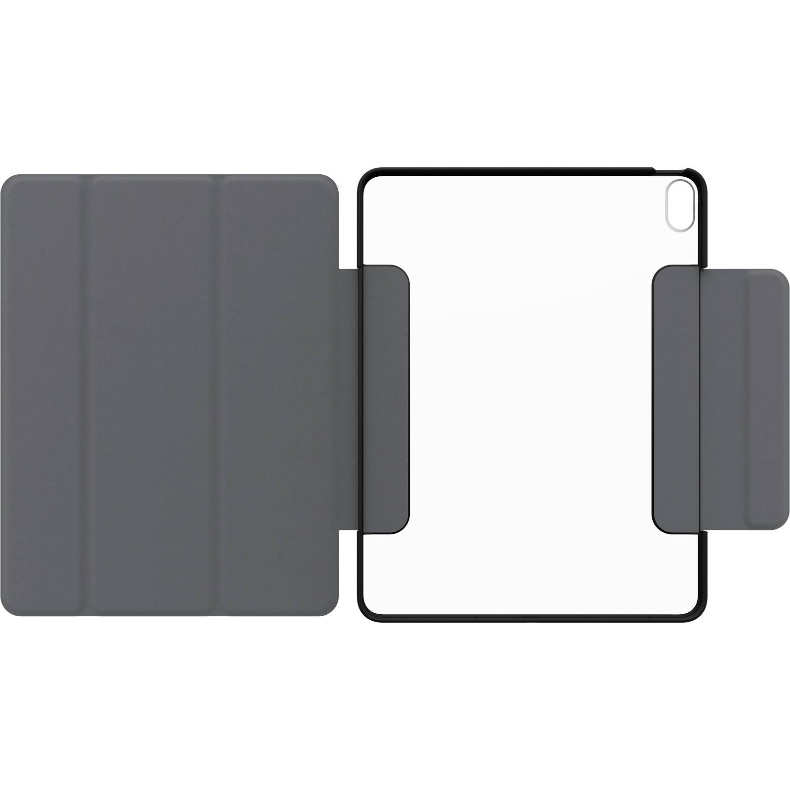 Szara obudowa tabletu z przezroczystą tylną częścią, po lewej stronie zamknięta część z zakładkami umożliwiającymi przekształcenie jej w podstawkę.