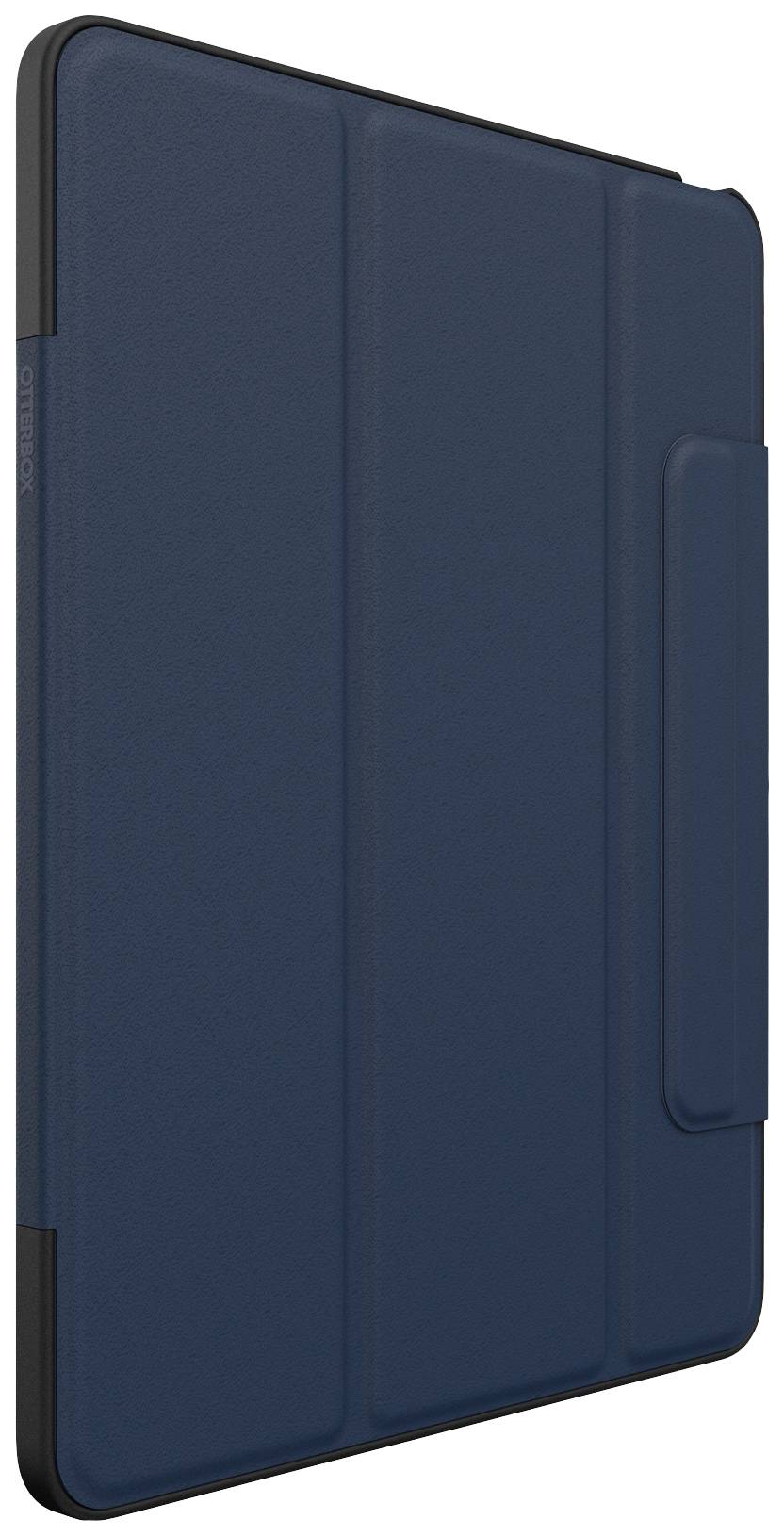 Ciemnoniebieskie etui na tablet z klapką, przedstawione z boku. Zapewnia ochronę i ma wąską ramkę.