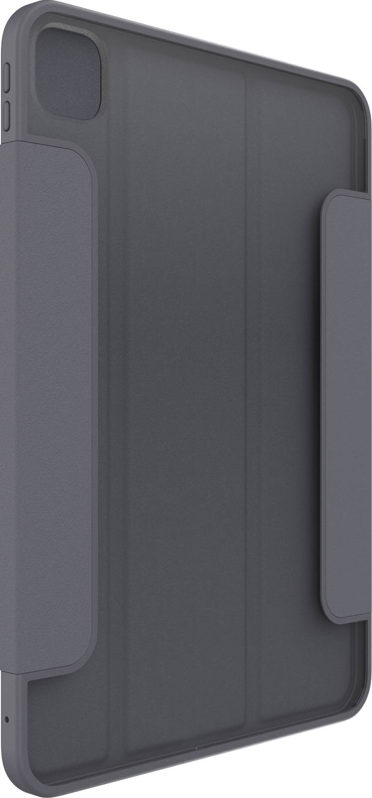 Tablet w ciemnoszarej obudowie ochronnej, stojący pionowo. Obudowa posiada dwa boczne uchwyty zapewniające stabilność i ułatwiające transport.