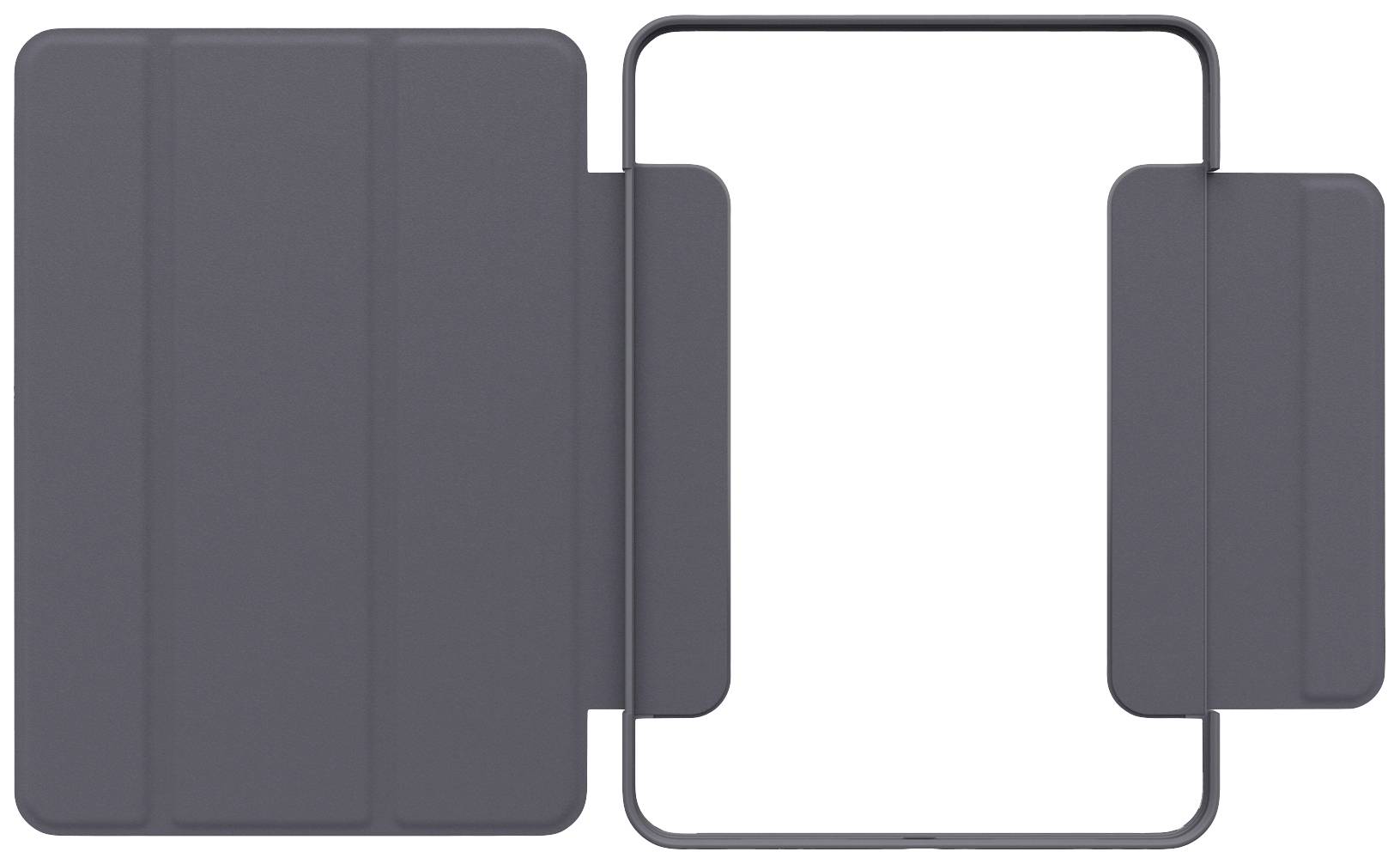 Szara obudowa tabletu z składaną przednią częścią i prostokątnym wycięciem po prawej stronie.