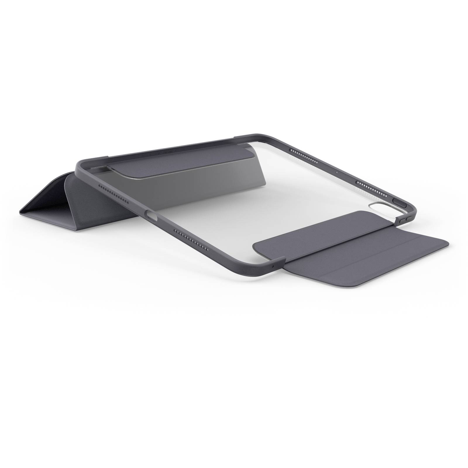 Przenośne urządzenie komputerowe z regulowanym, szarym stojakiem, który umożliwia ergonomiczne użytkowanie i różne kąty nachylenia. Idealne dla laptopów i tabletów.