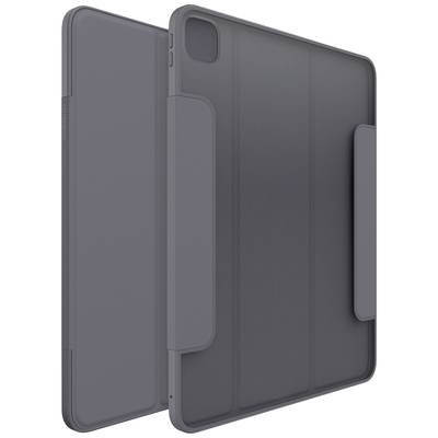 Szare etui na tablet z funkcją podstawki, dopasowane do prostokątnego tabletu. Dwie perspektywy: przód i tył.
