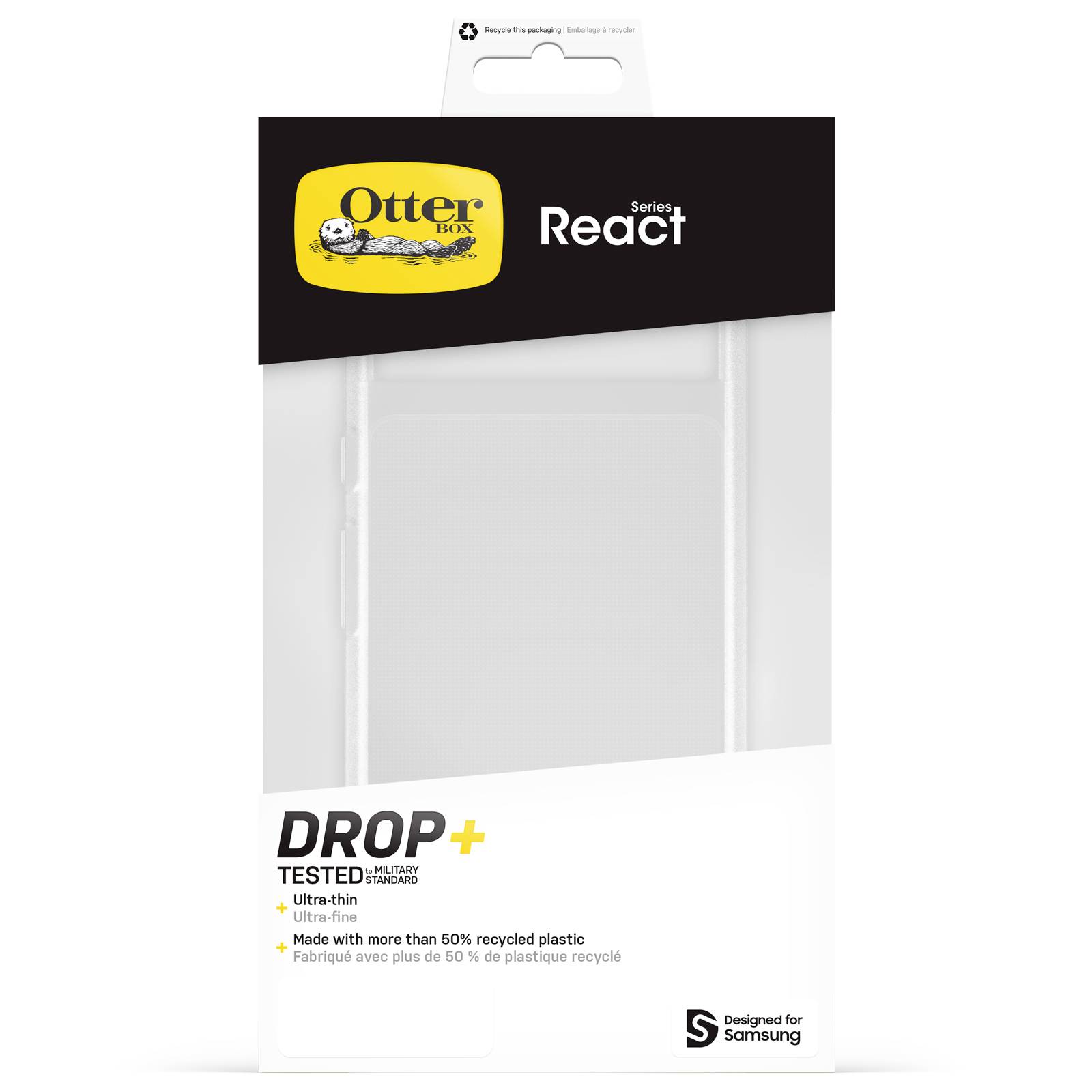 Opakowanie etui OtterBox React do telefonu komórkowego, kompatybilne z Samsung. Wykonane z ponad 50% materiału z recyklingu, ultracienkie.