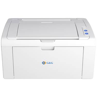 Biały drukarka z pokrywą i przyciskami sterującymi. Logo 'G&G' jest widoczne z przodu.