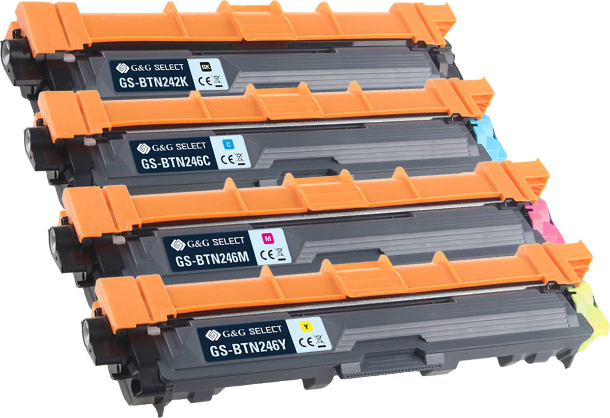 Cztery wkłady atramentowe ułożone obok siebie w kolorach czarnym, magenta, cyjan i żółtym, z pomarańczowymi nakładkami na jednym końcu.