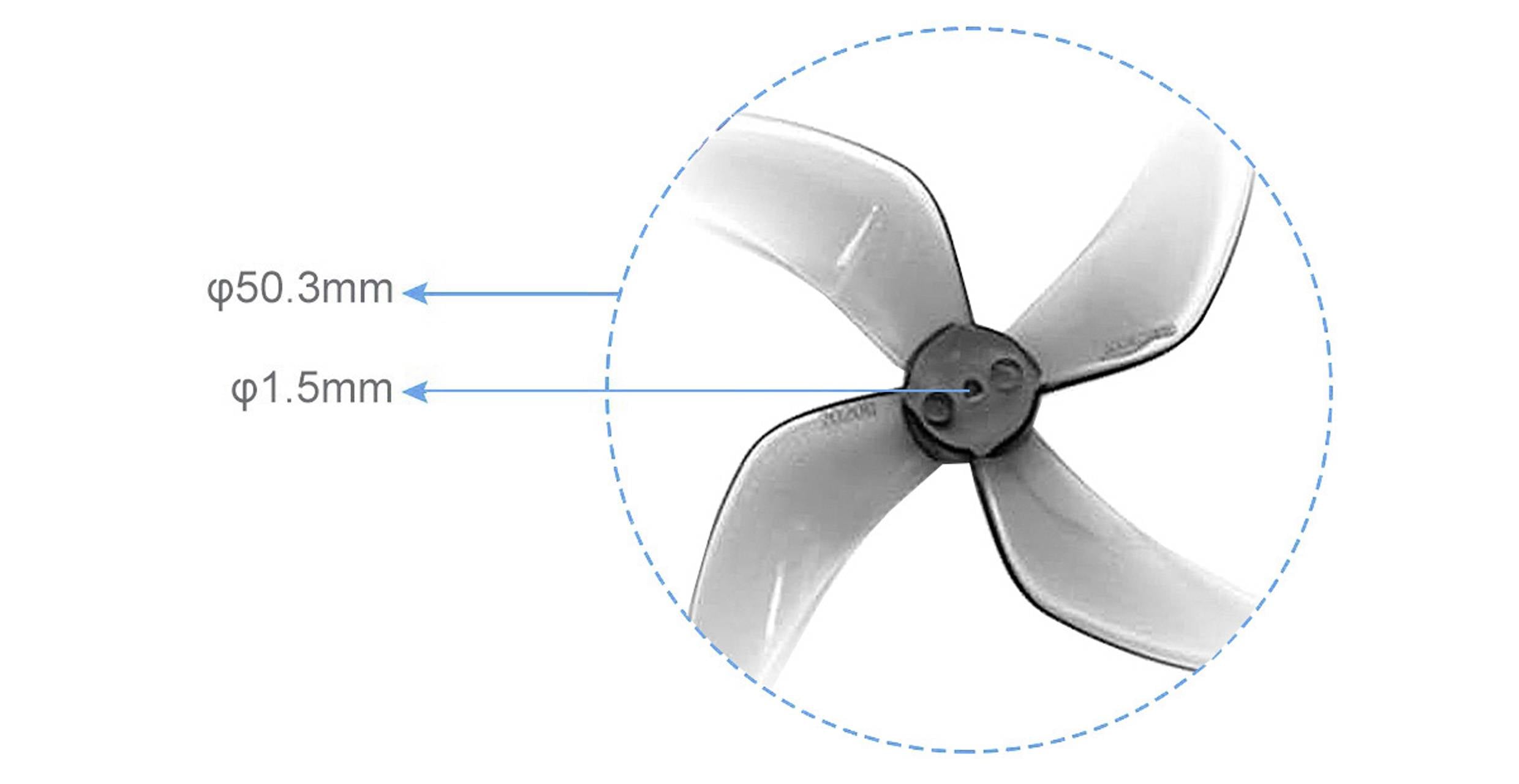'Zbliżenie fioletowej czterołopatowej śruby. Strzałki wskazują średnicę 50,3 mm oraz grubość 1,5 mm.'