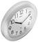 Okrągły zegar ścienny pokazujący godzinę 2:10, z czarnymi cyframi i wskazówkami, umieszczony na białym tle w srebrnej ramie.