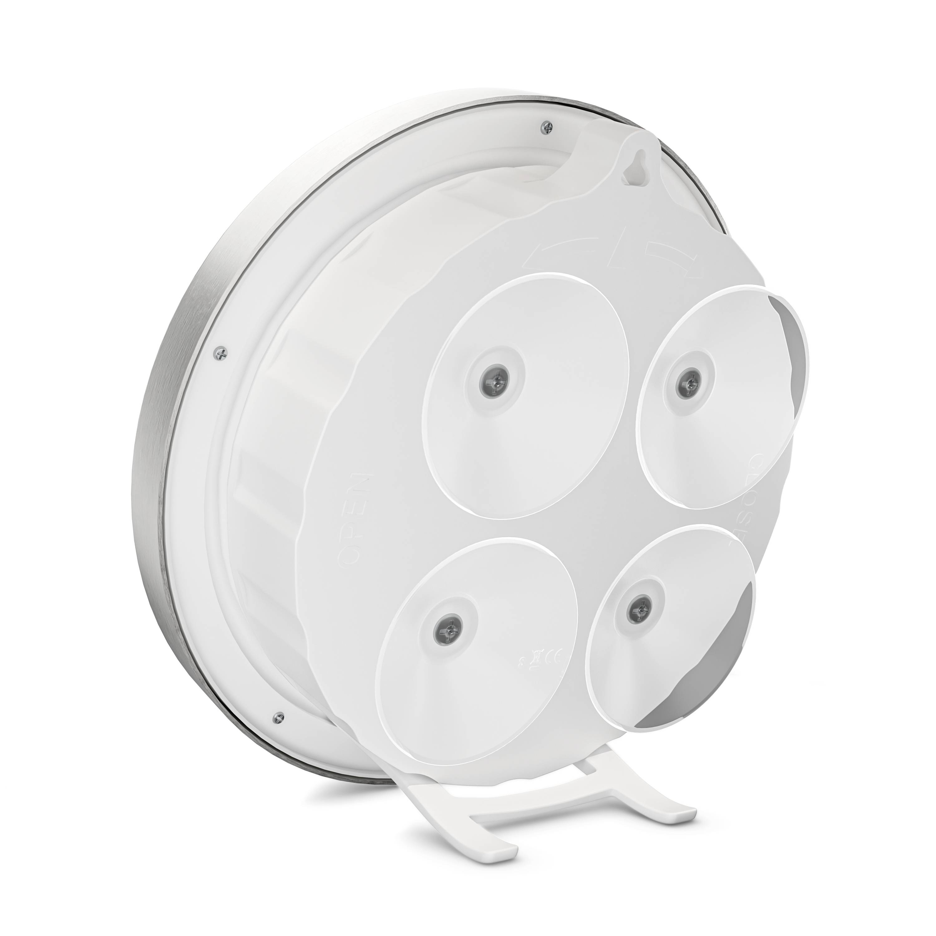 Okrągła, biała lampa sufitowa LED z czterema okrągłymi źródłami światła na metalowej podstawie.