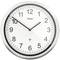 Analogowy zegar ścienny wskazujący godzinę 10:10, biała tarcza, czarne cyfry i wskazówki, srebrna ramka.