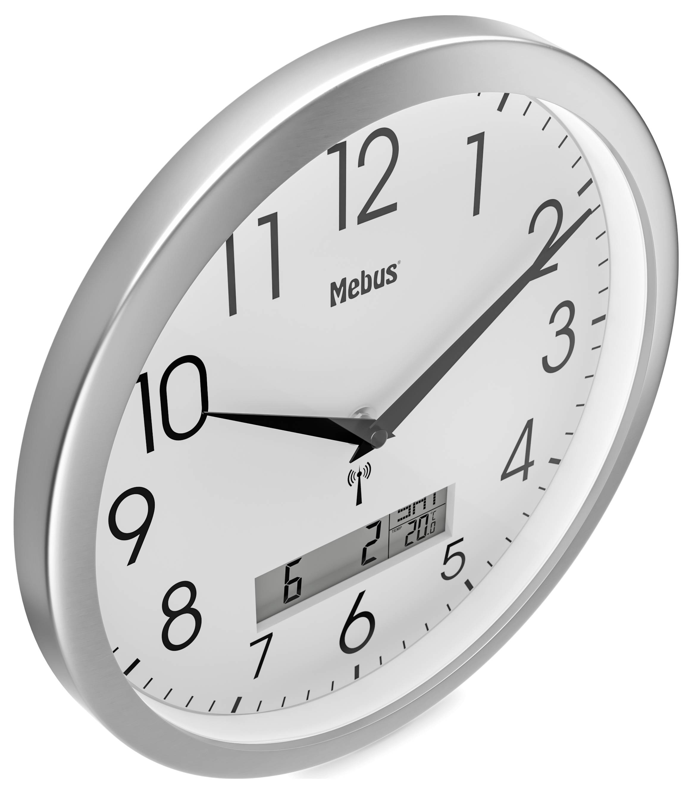 Analogowy zegar ścienny z srebrną ramką wskazuje godzinę 10:10; wyświetlacz cyfrowy pokazuje datę '6.2.2011'.