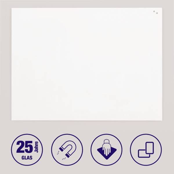Biała tablica szklana z czterema symbolami poniżej: '25 lat' gwarancji, funkcja magnetyczna, łatwa w czyszczeniu ręcznym, możliwość modularnej rozbudowy.
