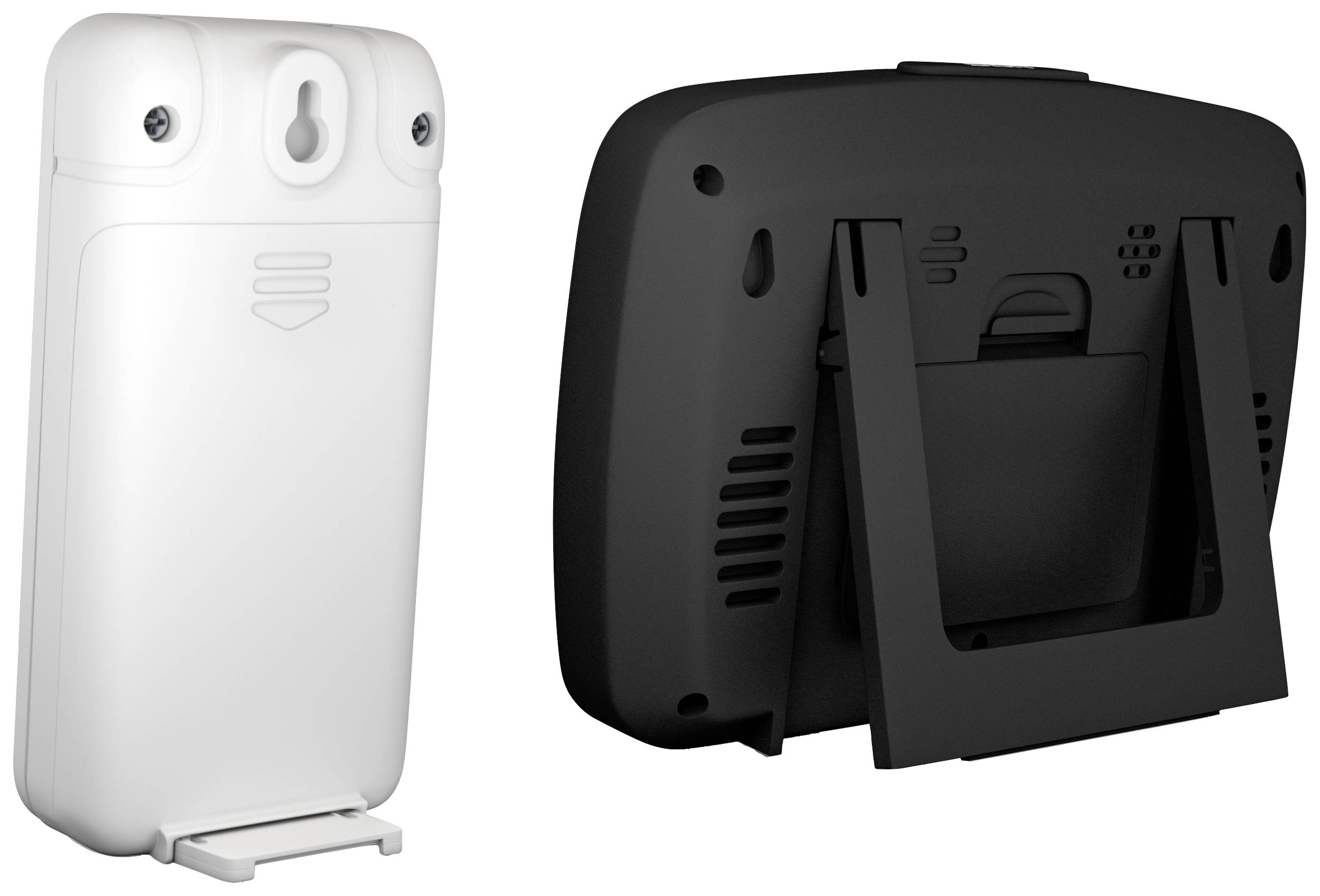 Dwie tylne strony urządzeń ze stojakiem: po lewej w kolorze białym, po prawej w kolorze czarnym. Obie posiadają opcje montażu ściennego.