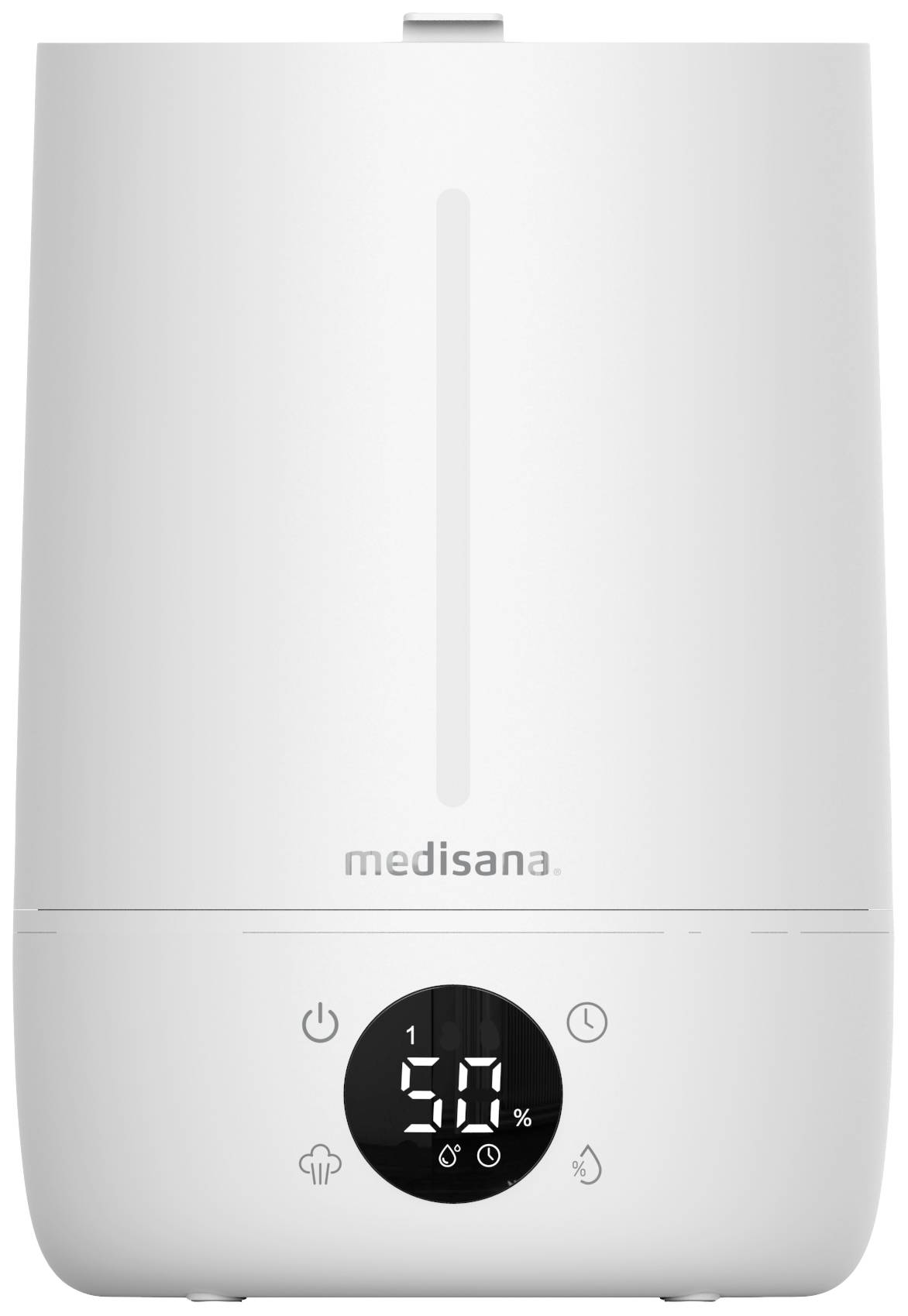 Biały nawilżacz powietrza z cyfrowym wyświetlaczem pokazującym '50%'. Poniżej znajdują się przyciski sterujące oraz logo marki.