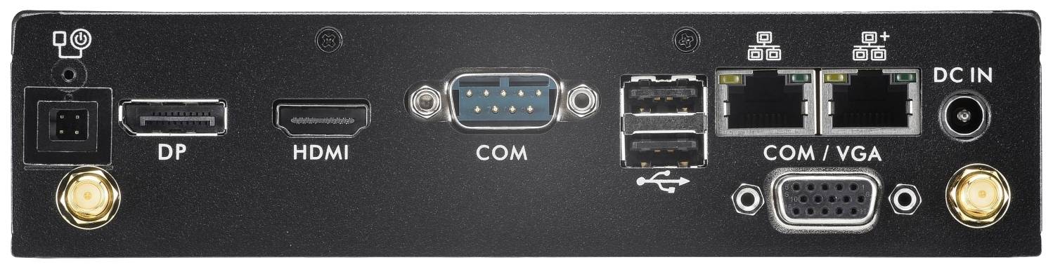 'Tylna strona urządzenia z gniazdami: DP, HDMI, COM, USB, VGA oraz DC IN. Dwa złącza antenowe i różne porty szeregowe.'