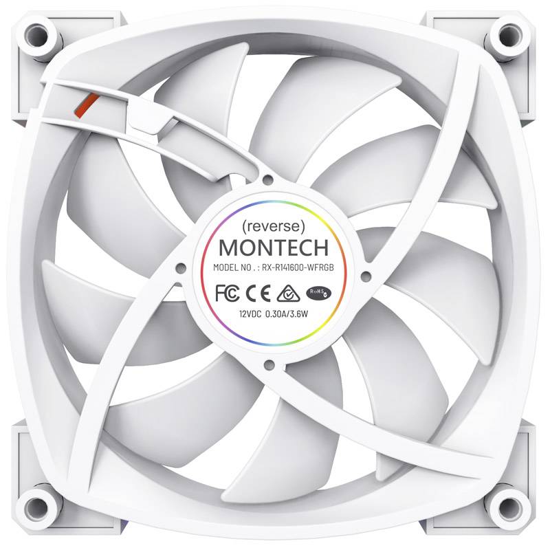 Wentylator z białymi skrzydłami, o okrągłym kształcie z nadrukowanym logo 'MONTECH' pośrodku.