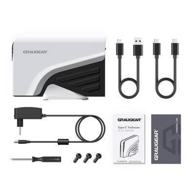 Zestaw obudowy USB-C marki Graugear do montażu dysku twardego, zawierający kable, adapter, śrubokręt, śruby oraz instrukcje.
