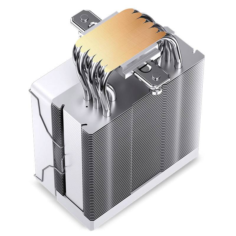 Duży, srebrny radiator procesora z miedzianymi rurkami heat pipe i licznymi żeberkami odprowadzającymi ciepło.