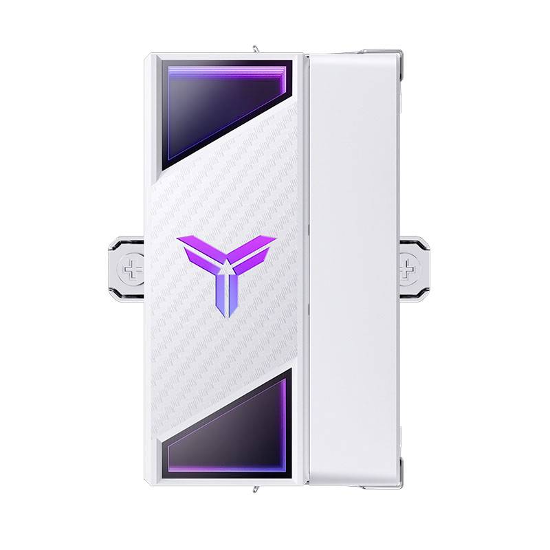 Białe urządzenie elektroniczne z fioletowym, świecącym emblematem pośrodku, otoczonym geometrycznymi wzorami i dwiema przyciskami po bokach.