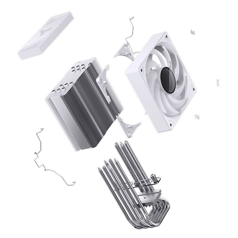 Rozmontowane komponenty chłodzenia komputera z wentylatorem, żeberkami i rurkami ciepłownymi. Idealne do zobrazowania budowy.