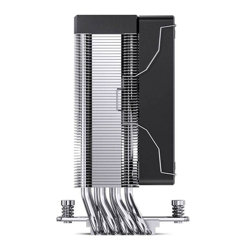 Radiator z wieloma aluminiowymi żeberkami i ciepłowodami, przymocowany śrubami do podstawy, przeznaczony do chłodzenia sprzętu komputerowego.