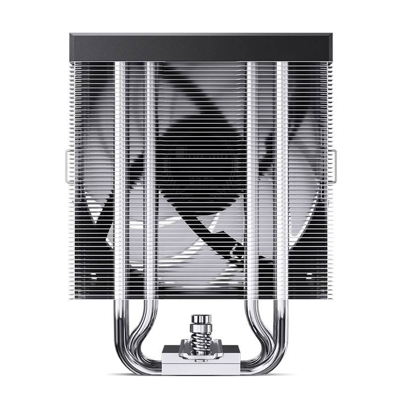 Czarno-srebrny radiator procesora z żeberkami aluminiowymi i wentylatorem pośrodku; przeznaczony do chłodzenia procesorów komputerowych.