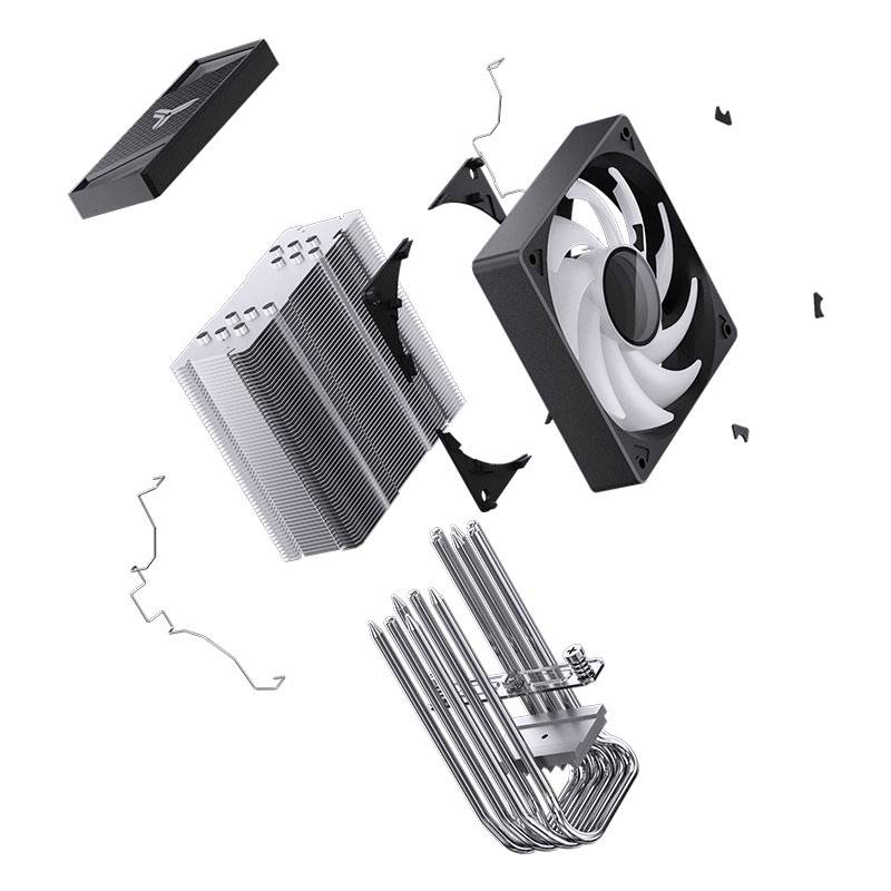 Rozłożone komponenty chłodzenia komputera: radiatory, wentylatory i rurki heat pipe. Części są rozrzucone, prezentując budowę i strukturę.