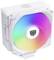 Biały chłodnica procesora z podświetlanym wentylatorem w kolorach tęczy, oznaczona logo na środku piasty wentylatora.