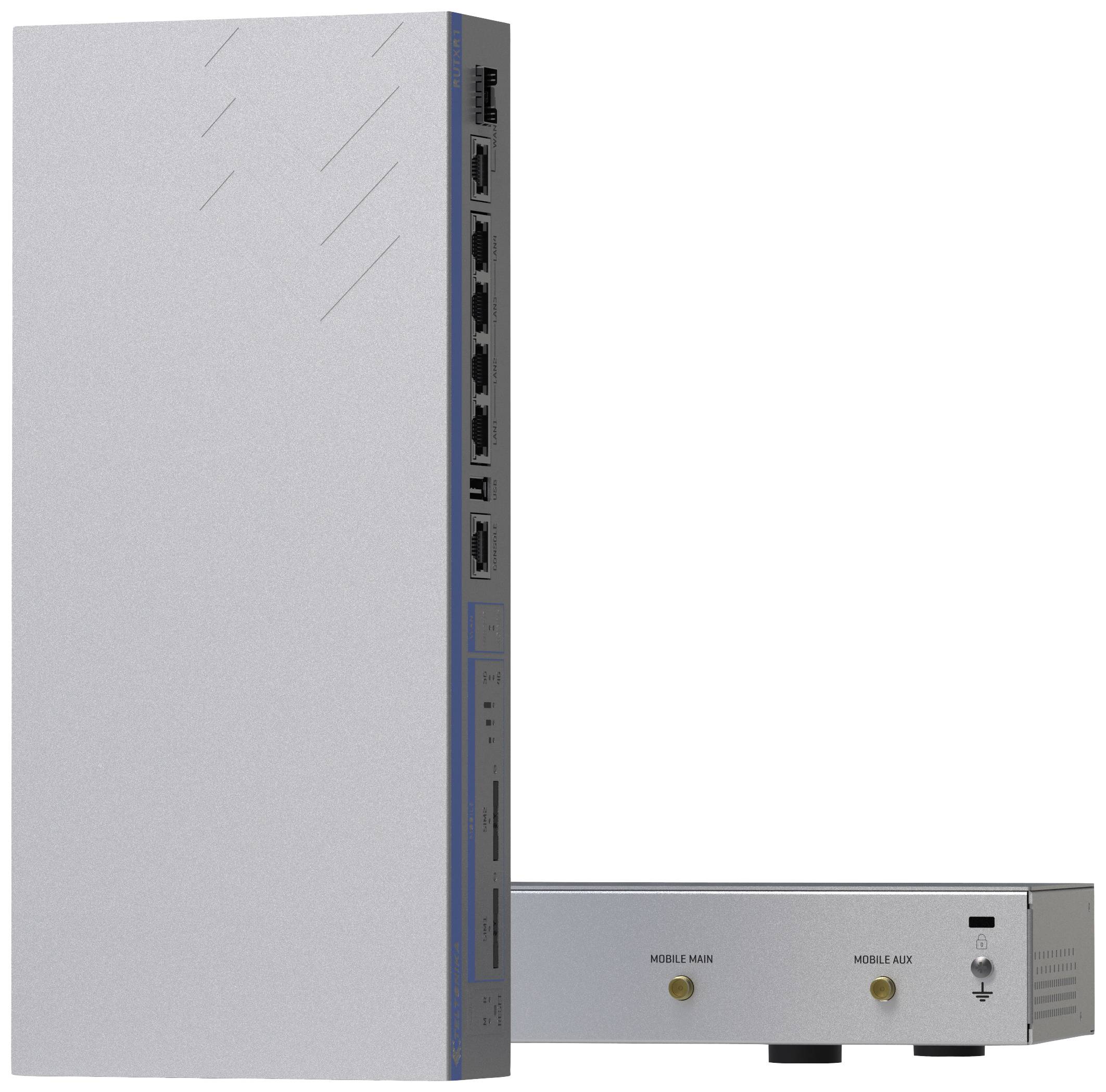 Srebrne urządzenie sieciowe z wieloma portami Ethernet i wskaźnikami LED, przeznaczone do profesjonalnych rozwiązań komunikacyjnych.