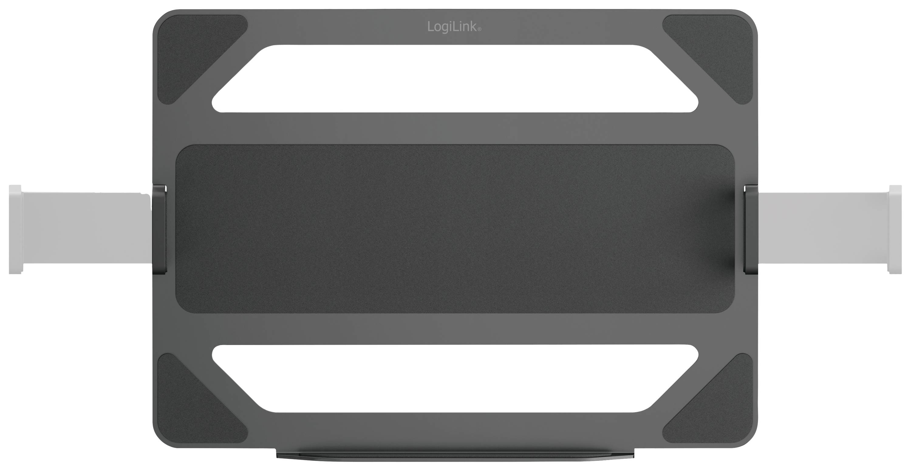 Podstawka pod laptopa firmy LogiLink w ciemnym designie z regulowanymi ramionami bocznymi do pozycjonowania na biurku.