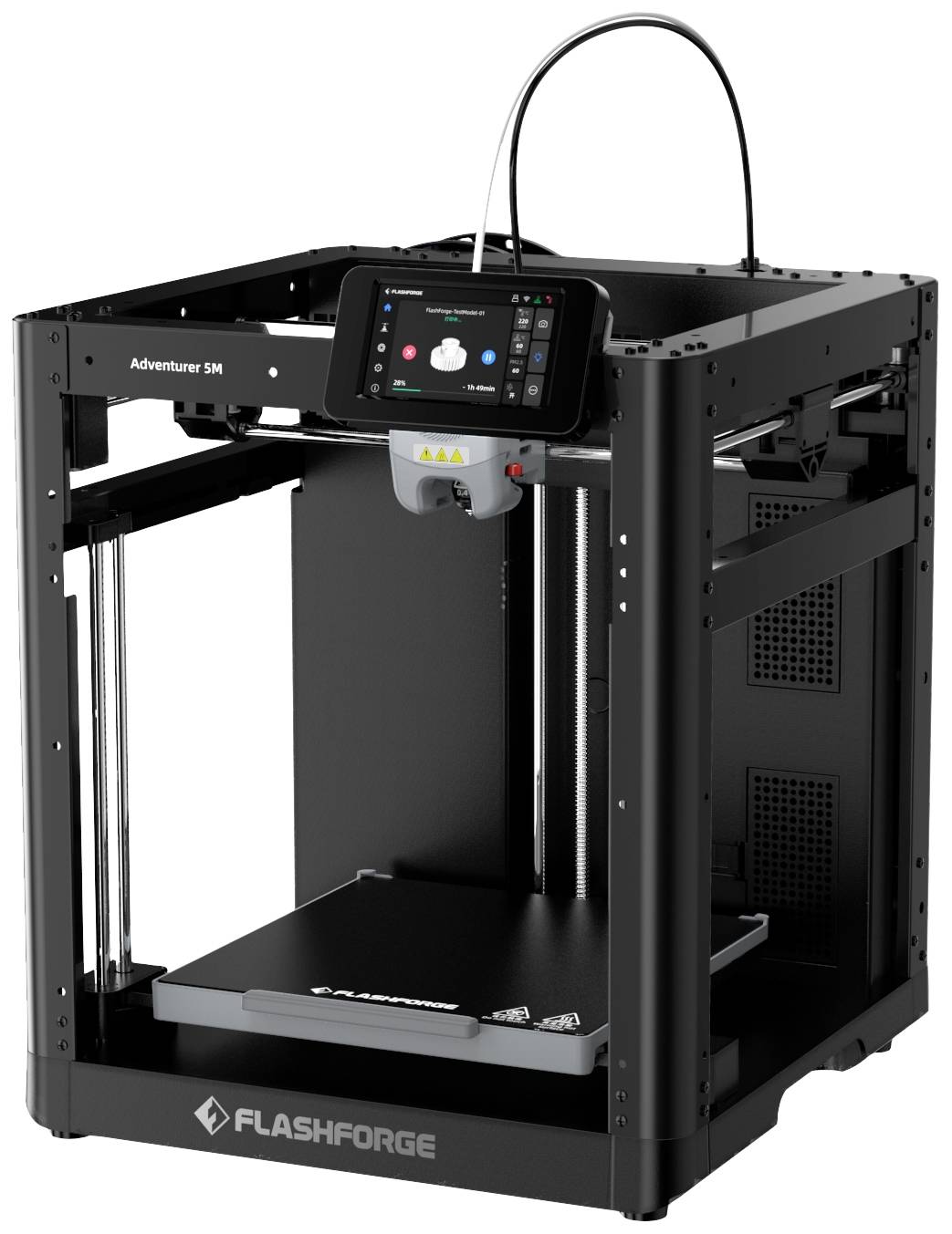 Drukarka 3D marki Flashforge, model Adventurer 5M, z wyświetlaczem i otwartą przestrzenią roboczą.