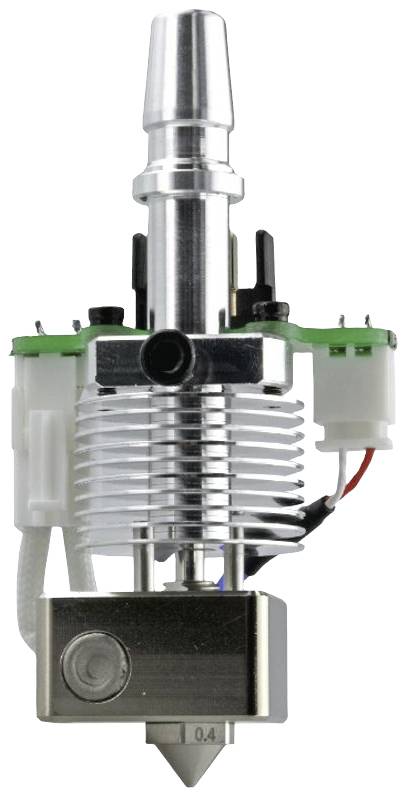 Ekstruder drukarki 3D z radiatorem i dyszą, prezentujący złącza elektroniczne i przewody, kluczowy element procesów drukowania 3D.