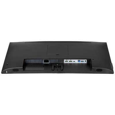 Widok z tyłu ekranu komputerowego z portami: HDMI, DisplayPort, USB oraz złączem zasilania. Po lewej stronie widoczne są kratki wentylacyjne.