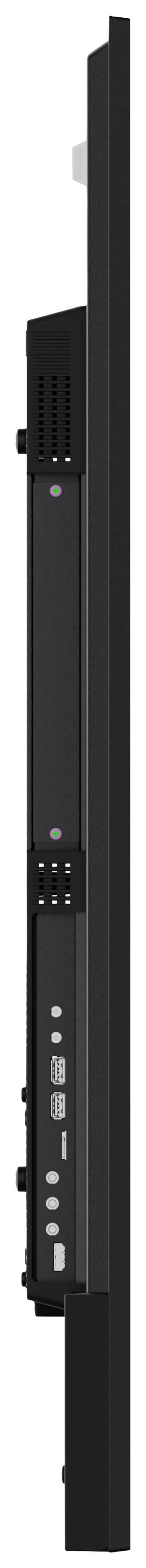 Widok z profilu czarnego płaskiego ekranu z wieloma złączami z boku.