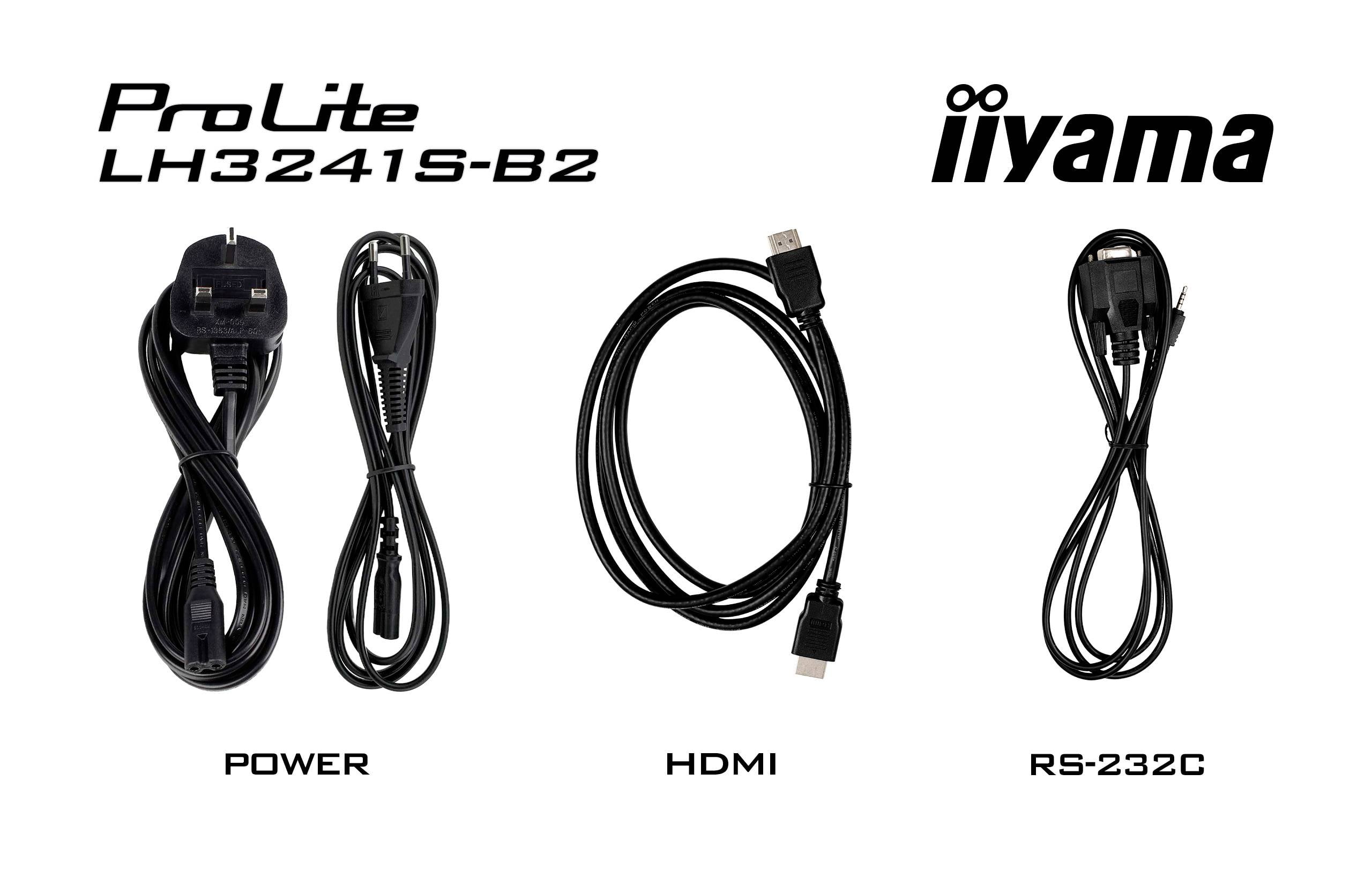 Monitor iiyama ProLite LH3241S-B2: akcesoria: kabel zasilający, kabel HDMI oraz kabel RS-232C.