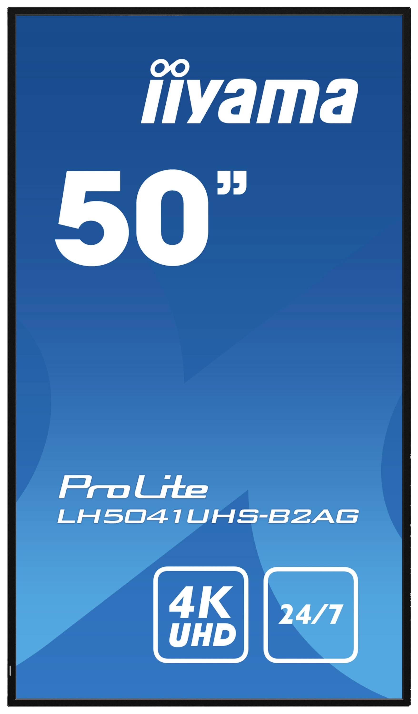 50-calowy ekran firmy iiyama, model ProLite LH5041UHS-B2AG, o rozdzielczości 4K-UHD, przeznaczony do pracy ciągłej 24/7.