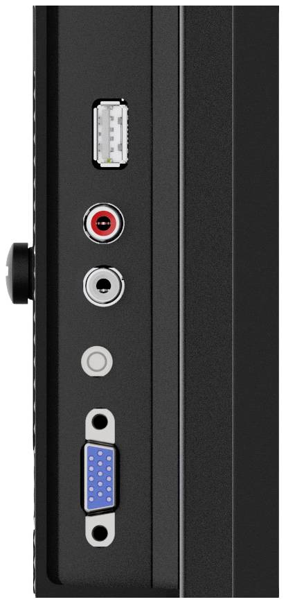 Zbliżenie obudowy komputera z gniazdami: USB, dwa gniazda audio, złącze VGA. Odpowiednie do podłączenia urządzeń zewnętrznych.