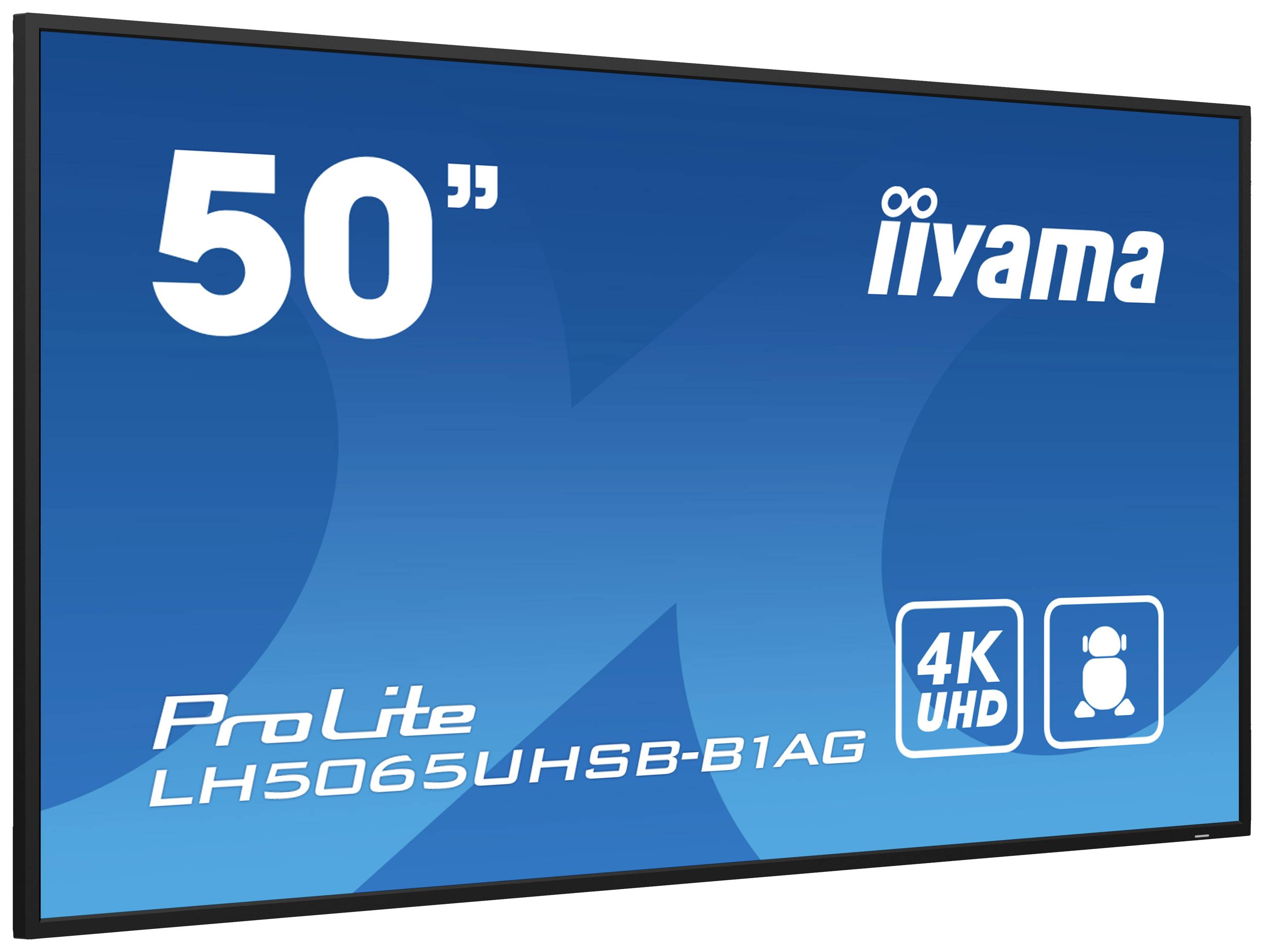 Niebieski wyświetlacz pokazuje 'iiyama ProLite LH5065UHSB-B1AG', 50-calowy monitor 4K UHD.
