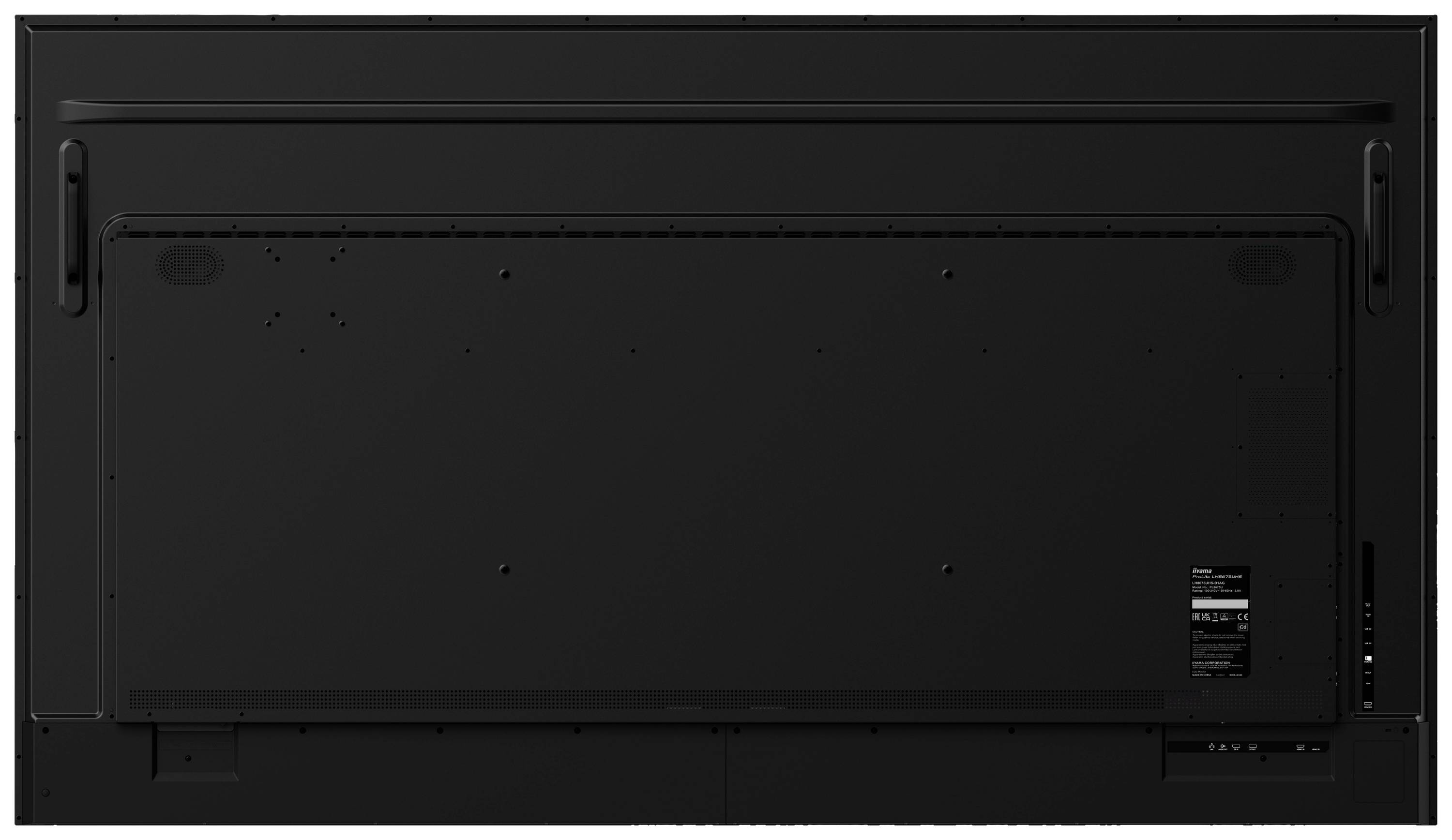 Tylna strona czarnego telewizora, ukazująca różne rodzaje złączy oraz naklejkę z parametrami technicznymi.