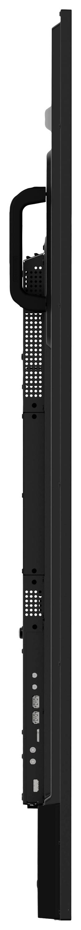 Widok z boku czarnego monitora o smukłej sylwetce z wieloma portami przyłączeniowymi z tyłu.