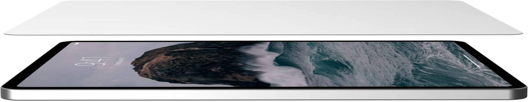 Tablet z dużym ekranem wyświetla krajobraz morski. W lewym górnym rogu widnieje godzina '9:41'. Urządzenie jest cienkie i posiada czarną ramkę.