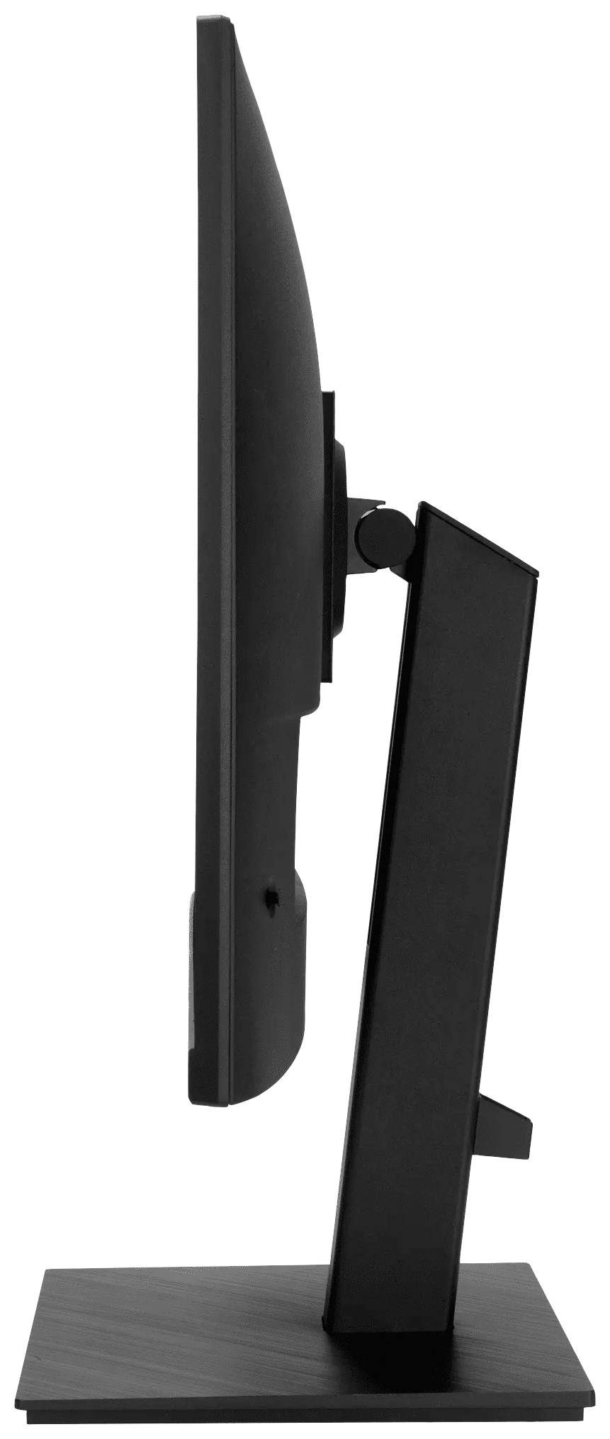 Czarny ekran komputerowy widoczny z boku, umieszczony na prostokątnej podstawie.